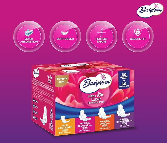 Bodyform Luxe Feminine Pads and Pantyliners Combo – 120 Count (60 Pads + 60 Liners), Ultra-Soft, Super Absorbent, Leak Protection, Daily Comfort & Freshness