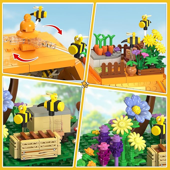 INSOON Farm Bee House Building Set with Lights, 1773PCS Honey Cabin Building Block Kit with Flowers Botanical Animals, Treehouse Construction Model Home Decor, Easter Gift for Adults Boys Girls 12+