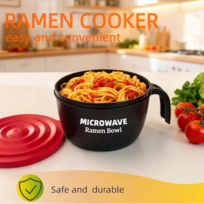 Layron Ramen Cooker Bowl - 45 oz Microwaveable Noodle Bowl Ramen in few Minutes- BPA Free and Dishwasher Safe Set with Chopsticks Perfect for Dorm, Small Kitchen, or Officee (black)