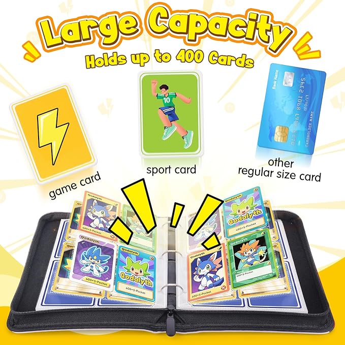 4 Pocket Card Binder with Zipper, Holds 400 Cards, PU Trading Card Album with 5 Hard Plastic Sleeves,Double-Sided Design. Great for Game Cards and sport card