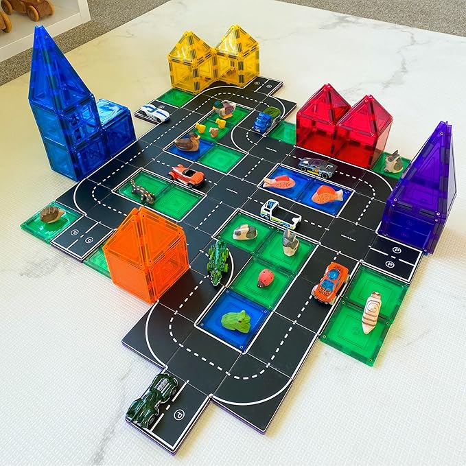 Learn & Grow Magnetic Tiles Road Toppers Set - 40PCs Road Expansion Pack (Tiles not Included), Magnet Car Play Accessories, STEM Building Toy - Construction Toys for Toddlers & Kids Age 3+
