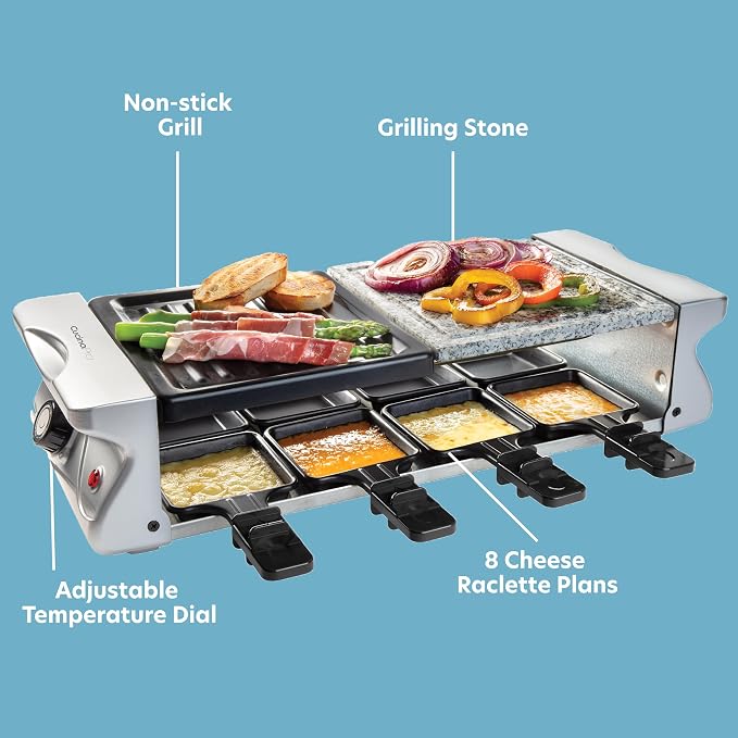 Electric Cheese Raclette Table Grill w Cooking Stone & Grilling Plate | Nonstick, Indoor Smokeless Korean BBQ 8 Person Tabletop Cooker Hotplate- Melt or Grill Meat, Veggies, Home Dinner Party, Apps