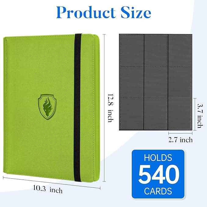 Premium 9 Pocket Card Binder for 540 Cards, Fabmaker PU Cover Trading Card Binder, Sturdy Card Collection Album, Sleek Card Holder Folders for Game Cards & Sports Cards, Green
