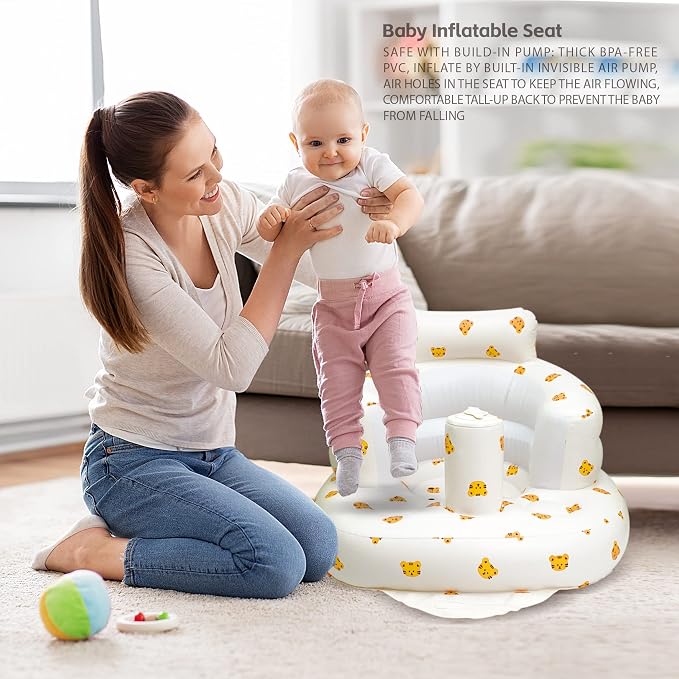 AirSwim Inflatable Baby Chair, Inflatable Baby Seat for Babies 3 Months and Up, Summer Blow Up Chair with Built in Air Pump, Bumbo Seat for Learning to Sit, Palying, Camping, Tiger