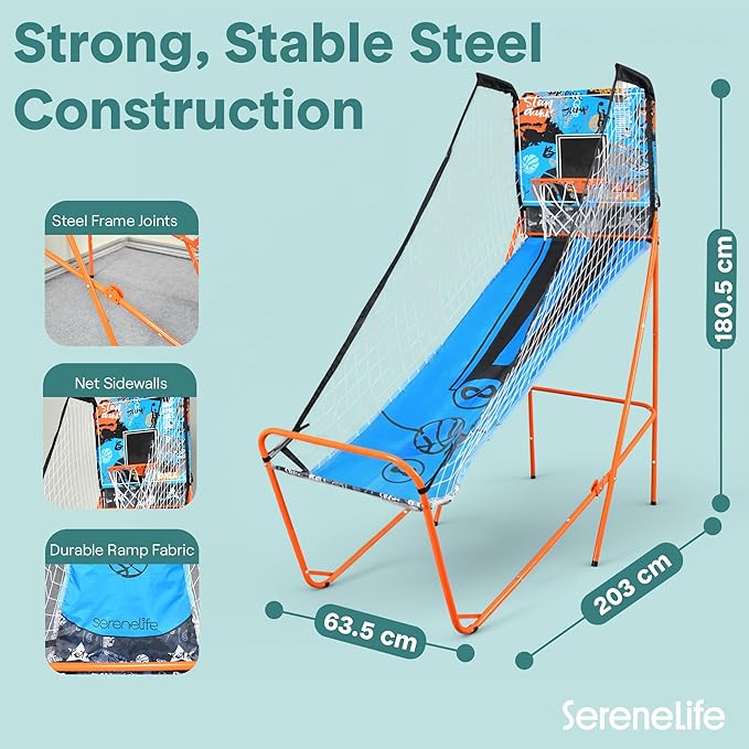 SereneLife Dual Shot Basketball Arcade Game with Electronic Scorer, 8 Game Modes, Indoor Outdoor 2 Player Basketball Shooting Game, Foldable Arcade Set with 5 Balls and Pump