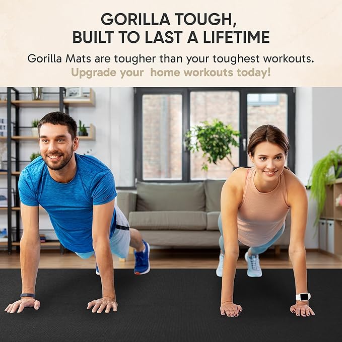 Gorilla Mats Extra Large Exercise Mat – 9'x6', 12'x6', 15'x6' (1/4" Thick) – Ultra Durable Workout Mat for Home Gym Flooring – Non-Slip, Flat Fitness, Yoga & Weight Lifting Floor Mat