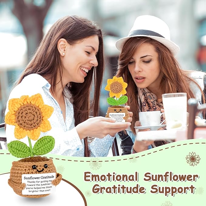 Mini Funny Crochet Sunflower Gift – Handmade Inspirational Emotional Support Plushie for Women, Men, Friends, Coworkers, Teachers – Uplifting Encouragement Gift for Birthday, Graduation, Christmas