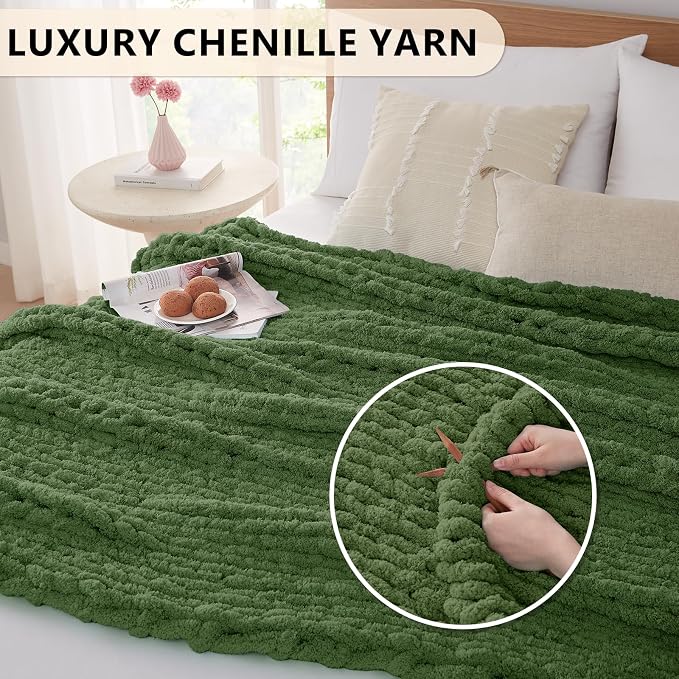 L'AGRATY Chunky Knit Throw Blanket for Couch, 50 x 60 Inches, Moss Green | Handmade Chenille Crochet Blanket for Sofa Bed, Thick Cable Knitted Blankets for Room Home Decor, Birthday Gift for Women Mom