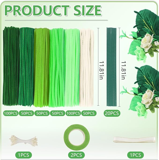 Green Pipe Cleaners, Pipe Cleaners Craft,400 Pieces Pipe Cleaner Flowers for Crafting 6 Colors Cleaner with 20 Pieces Green Craft Thread, Ribbon, Tape,DIY Art and Craft Projects Creative Gift