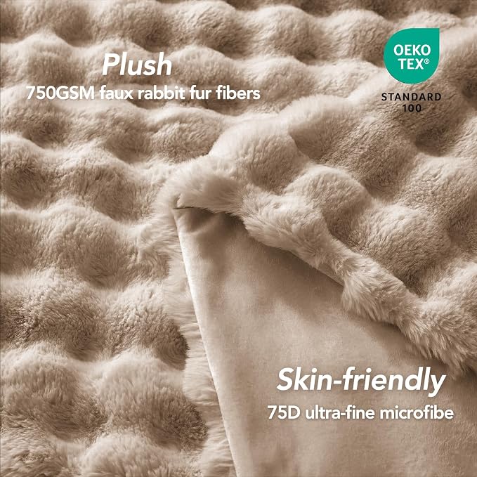 L'AGRATY Faux Rabbit Fur Throw Blanket for Couch, 60'' x 80'', Light Linen | Soft Cozy Bubble Fluffy Blanket for Sofa Bed, Thick Warm Plush Fuzzy Throw for Room Home Decor, Luxury Gift for Women Mom