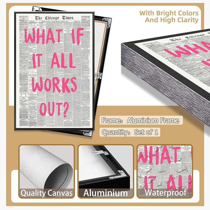 What If It All Works Out Poster Retro Newspaper Pink Font Canvas Wall Art Positive Affirming Quote Minimalist Prints Painting For Home Bedroom Dorm Wall Decor 12x16in Framed