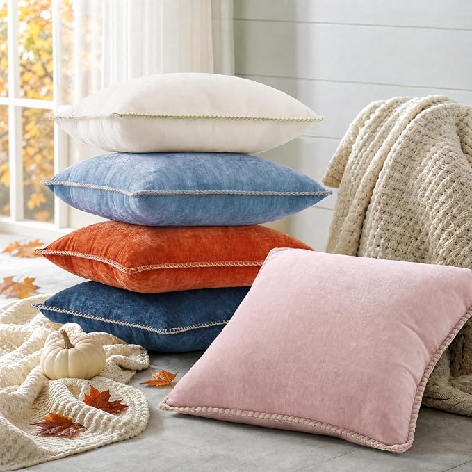 decorUhome Soft Chenille Throw Pillow Covers 26x26 Set of 2 Rust | Fall Textured Decorative Throw Pillow Cases Stitched Edge Modern Farmhouse Luxury Boho Velvet for Couch Sofa Bed Home Decor