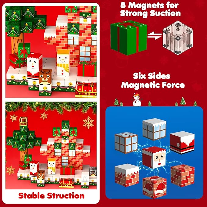 Christmas Magnetic Building Blocks Set-154 PCS Magnet Cubes Mine magnet World Toys STEM Sensory Xmas Advent Calendar Construction Birthday Gifts for Kids Boys Girls Toddlers Ages 3+,3-5,4-7,4-8