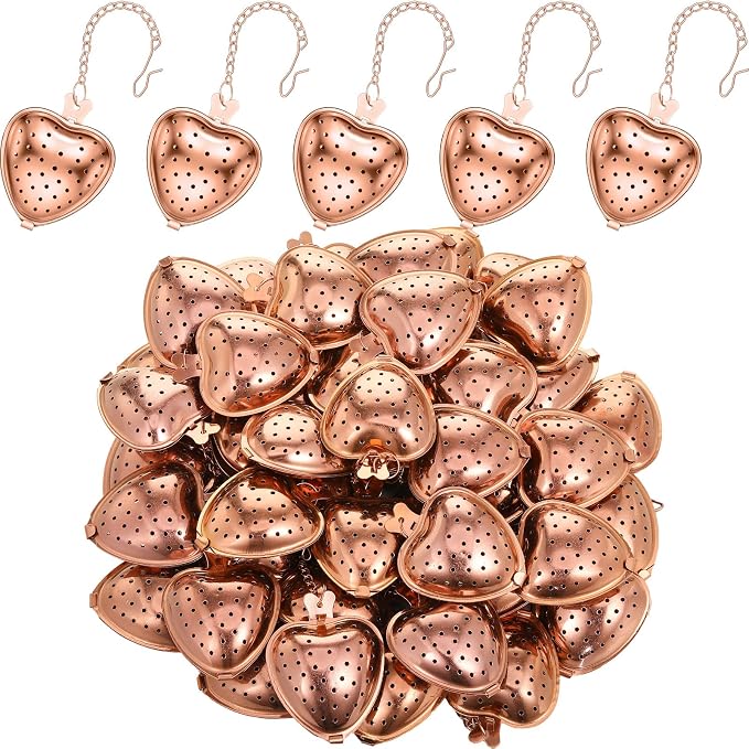 Sumind 100 Pcs Tea Strainer Stainless Steel Tea Ball Infuser Loose Leaf Tea Steeper Tea Interval Diffuser Heart Shape Mesh Tea Filters with Extended Chain Hook for Seasonings Cup Bottle (Rose Gold)