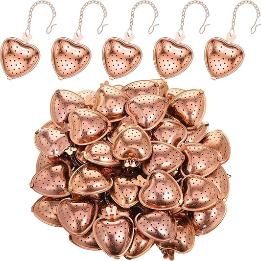 Sumind 100 Pcs Tea Strainer Stainless Steel Tea Ball Infuser Loose Leaf Tea Steeper Tea Interval Diffuser Heart Shape Mesh Tea Filters with Extended Chain Hook for Seasonings Cup Bottle (Rose Gold)