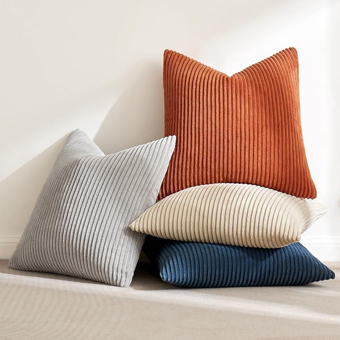 MIULEE Soft Corduroy Decorative Throw Pillow Covers Blue-Yellow 20x20 | Set of 4, Mordern Nordic Coastal Decor, Ocean Ember Set, Boho Farmhouse Cushion Covers for Couch Bed Sofa Living Room