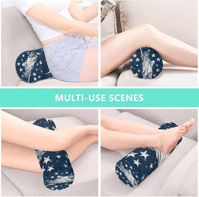July 4th Statue of Liberty Stars Blue Neck Roll Pillow Bolster Round Health Memory Foam Long Cervical Cylinder Pillows with Removable Washable Cover for Body Bed Legs Back Yoga
