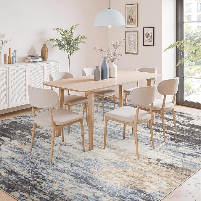 8x10 Area Rug for Living Room, Abstract Washable Large Rugs, Grey/ Blue | Neutral Carpet for Bedroom, Dining Room, Home Office Nursery, Indoor, Stain Resistant, Non-Slip, Low Pile, Modern Rug