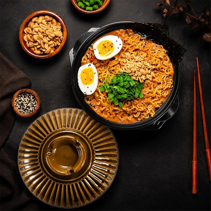 Okllen Large Korean Ceramic Bowl with Lid and Platter, 54 oz Clay Pot for Cooking, Sizzling Hot Pot for Dolsot Bibimbap, Soup, Casserole, Rice, Stew, Noodle
