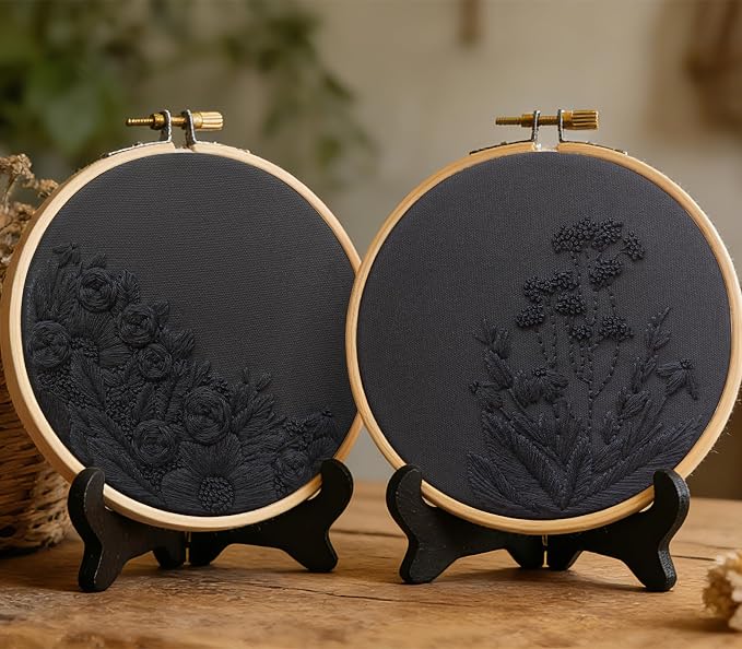 Armindou Black Flowers Embroidery Kits for Beginners Adults, Floral Hand Embroidery Set Needlepoint DIY Kit, Stamped Cross Stitch Kits for Beginners Adult, 2 Embroidery Hoops (Attached Video Tutorial)