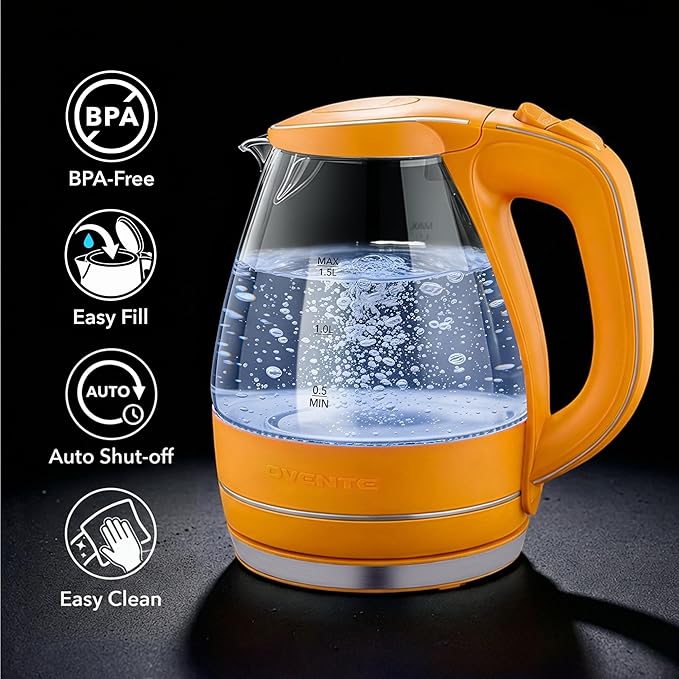 OVENTE Electric Kettle, 1.5L Borosilicate Glass Countertop Water Heater and Boiler for Coffee or Tea, BPA-Free, Auto Shut-Off, Boil-Dry Protection, Removable and Washable Spout Filter, Orange KG83O