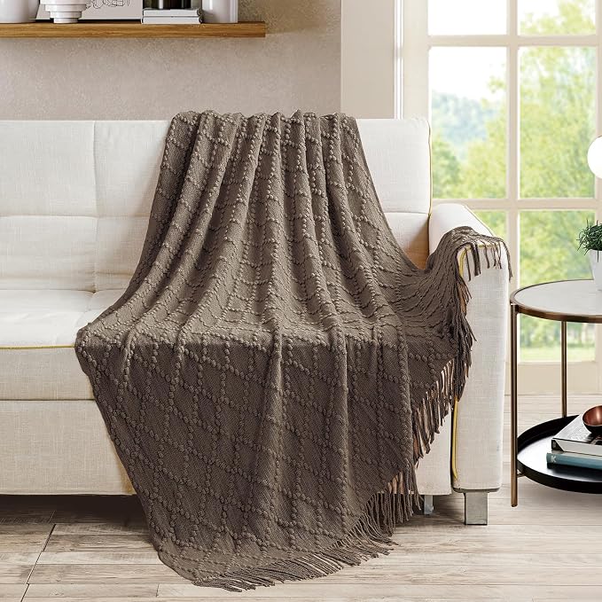 BOURINA Brown Throw Blanket 50 x70 Inch Jacquard Throw Knitted Blanket | Jacquard Argyle Throw Textured Solid Soft Throws and Blankets for Sofa or Bed Knitted Decorative Blanket