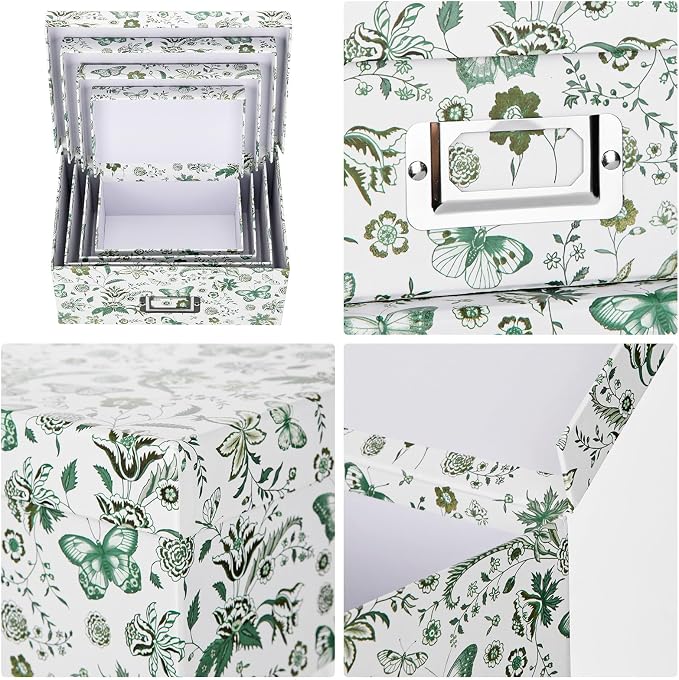 Briful Decorative Storage Boxes with Lids, 4 Pack Green Floral Cardboard Nesting Gifts Boxes with Metal Label Holders, Stackable Keepsake Photo Organizers for Home Closet Shelf Bedroom Office Decor