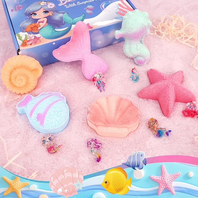 Kids Bath Bombs with Surprise Inside, 6PCS Mermaid Bath Bombs for Kids, Organic Essential Oil Bubble Bathbombs Birthday Valentines Gift for 3-8 Girls Princess Party Favors