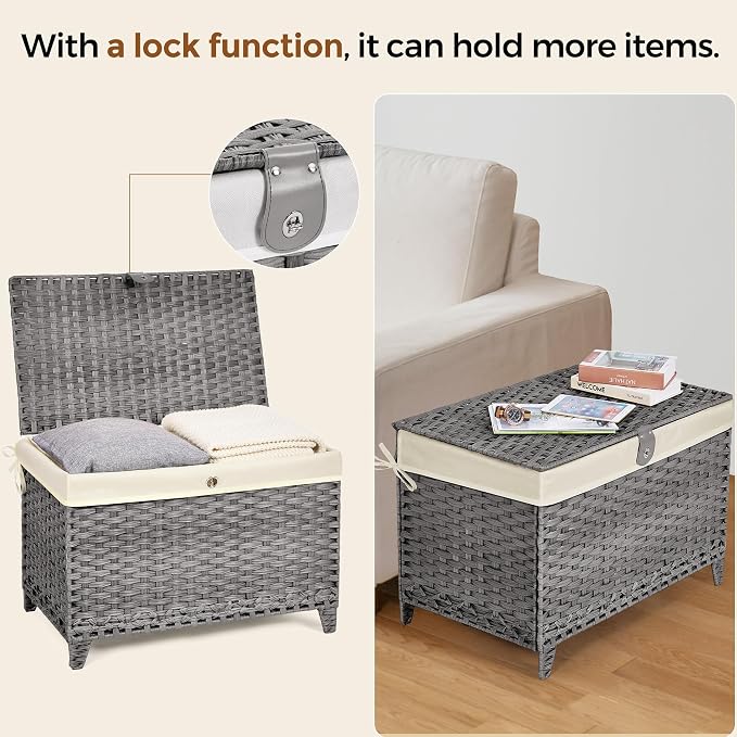 Wicker Storage Basket with Lid, 160L Shelf Basket with Removable Liner Bag | Rattan-Inspired Woven Design, Elevated Feet, Storage Trunk for Wardrobe, Bedroom & Home Organization