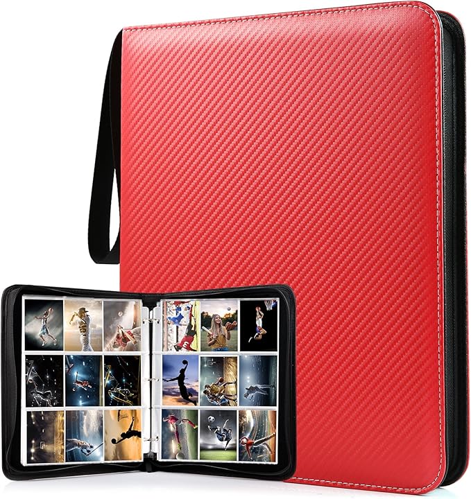 WOT I Trading Card Binder, 900 Pockets Baseball Card Binder Sleeves with Zipper, Double Sided Pockets Card Holder Carry Card Case for Baseball Card, Football Card(Red) WO-CB-9-7