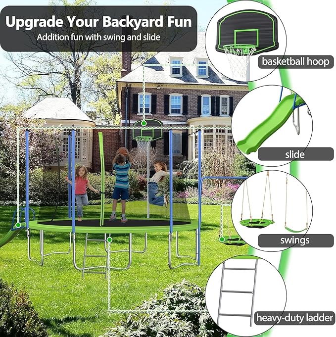 Lyromix 12FT 14FT Trampoline with Slide and Swings, ASTM Approved Outdoor Trampoline with Basketball Hoop and Ladder, Capacity for 5-7 Kids and Adults