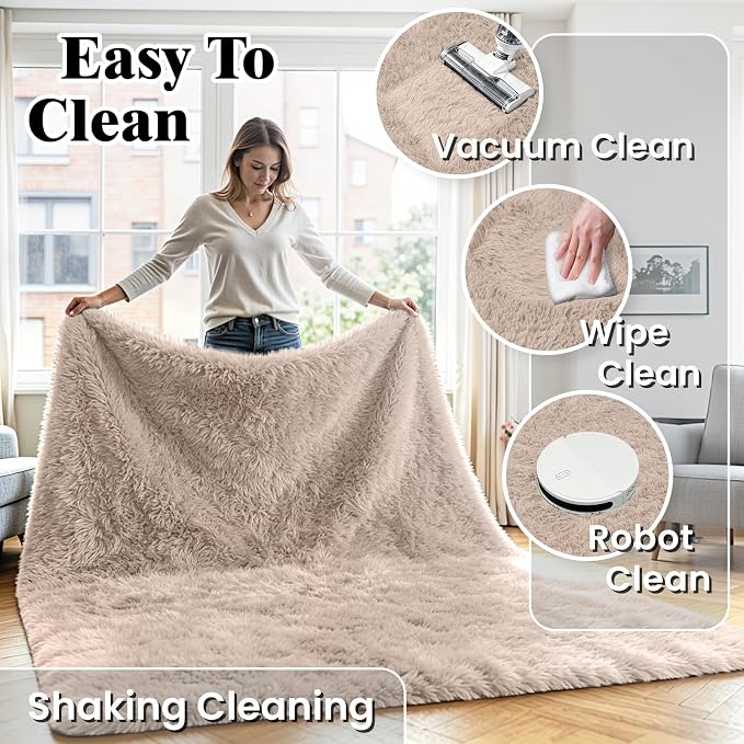 8x10 Area Rug for Living Room, Ultra Soft Fluffy Beige Rugs for Bedroom, Non Slip Large Shag Carpet, Fuzzy Plush Nursery Rug, Thick Washable Indoor Floor Carpets for Kids Office Dorm Home Decor