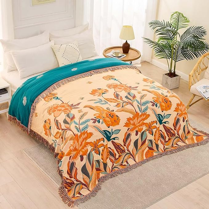 XIBLC Boho Throw Blanket for Bed, 100% Cotton Soft Rustic Quilt Fall Blanket, 80" 90" Floral Printed Farmhouse Decor Bed Blankets, All Season Rustic Reversible Bohemian Throw Quilt