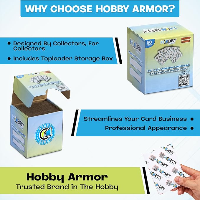 50 Pack Trading Card Shipping Protector by Hobby Armor, 3.5" x 4.5" with Rounded Corners, Vibrant Multi-Color Card Protector to Guard Cards from Dings, Premium Lightweight Cardboard Shipping Supplies