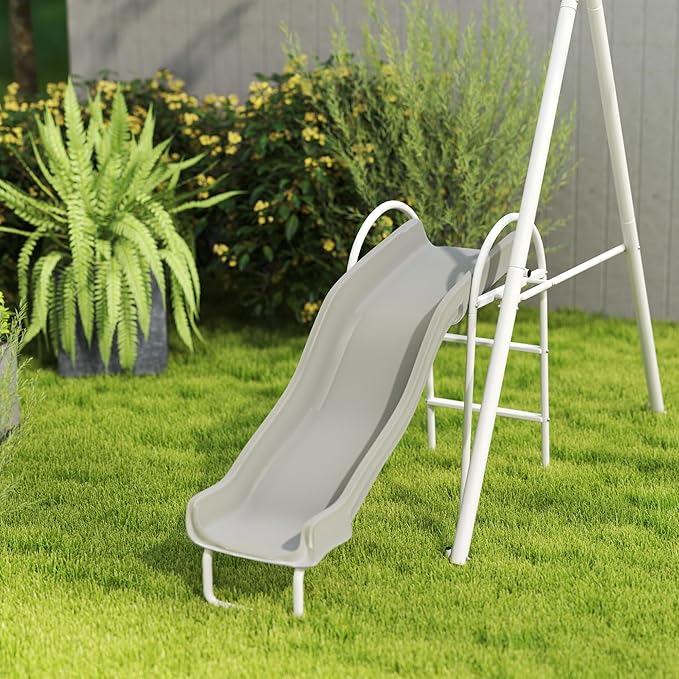 Outsunny Swing Set for Backyard, 5 in 1 Outdoor Playset for Kids with Heavy-Duty A-Frame Stand, 29.5" Saucer Swing, Slide, Teeter-Totter, Glider, 693 Lbs Load, Gray