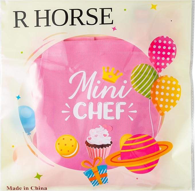R HORSE Kid Apron and Chef Hat Set 2Pcs Adjustable Children Light Pink Kitchen Toddler Apron for Girls, Role Play Chef Toy Cooking Baking Painting and Training Kits Kid Funny Cooking Birthday Gift