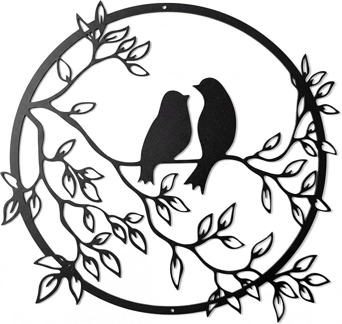 Ferraycle Metal Wall Art Bird on Tree Branch Silhouette Bird Hanging Ornament Porch Wall Decor for Living Room Outdoor Garden Bedroom Office Housewarming Party Decoration(Black)