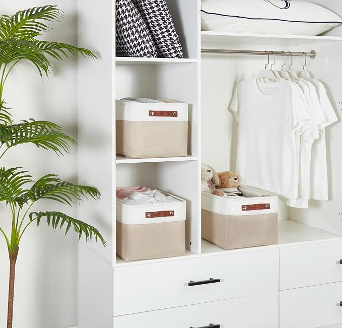 DECOMOMO Storage Bins, Extra Large Fabric Storage Baskets for Shelves 3Pack | 15.8 x 12.5 x 10 inches Decorative Linen Closet Organizers (Beige & White)
