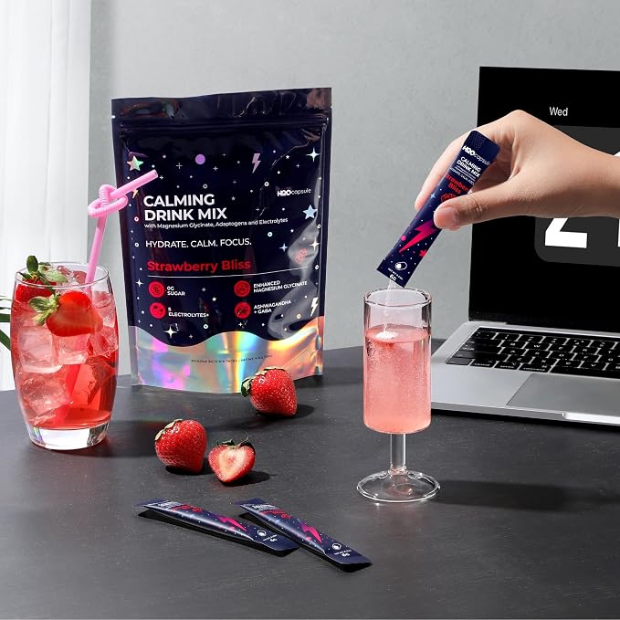 Calm Magnesium Glycinate Powdered Drink Mix with Electrolytes –Sugar Free with Ashwagandha, L-Theanine, Vitamin B6 &GABA – Cortisol Support, Stress Relief, Hydration & Focus - 20 servings (Strawberry)