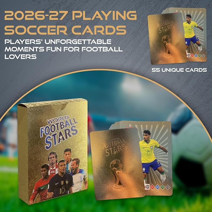 2026-27 Playing Soccer Cards | 55 Non-Duplicate Cards Per Pack | Fixed Card Set | Unforgettable Moment for Friends, Siblings & Soccer Fans | Printed on Premium Paper – Golden – Not Original