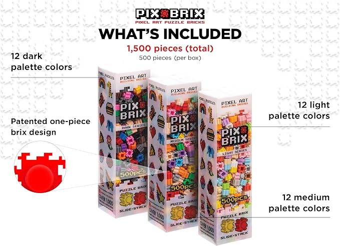 Pix Brix Pixel Art kit Puzzle Bricks - 1500 Piece Pixel Art Container, 32 Color Palette - Interlocking Building Bricks, Create 2D and 3D Builds Without Water or Glue - Stem Toys, Ages 6 Plus