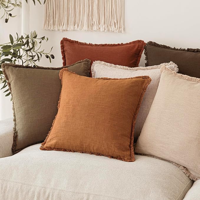 Foindtower Set of 2 Decorative Linen Fringe Lumbar Throw Pillow Covers Boho Farmhouse Cushion Cover with Tassels Soft Accent Pillowcase for Couch Sofa Bed Living Room Home Decor,12×20 Inch,Orange