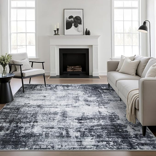 5x5 Area Rug Living Room Rug: Washable Modern Abstract Soft Thin Rug Indoor Floor No Slip Stain Resistant Carpet for Bedroom Dining Room Farmhouse Nursery Home Office - Dark Black