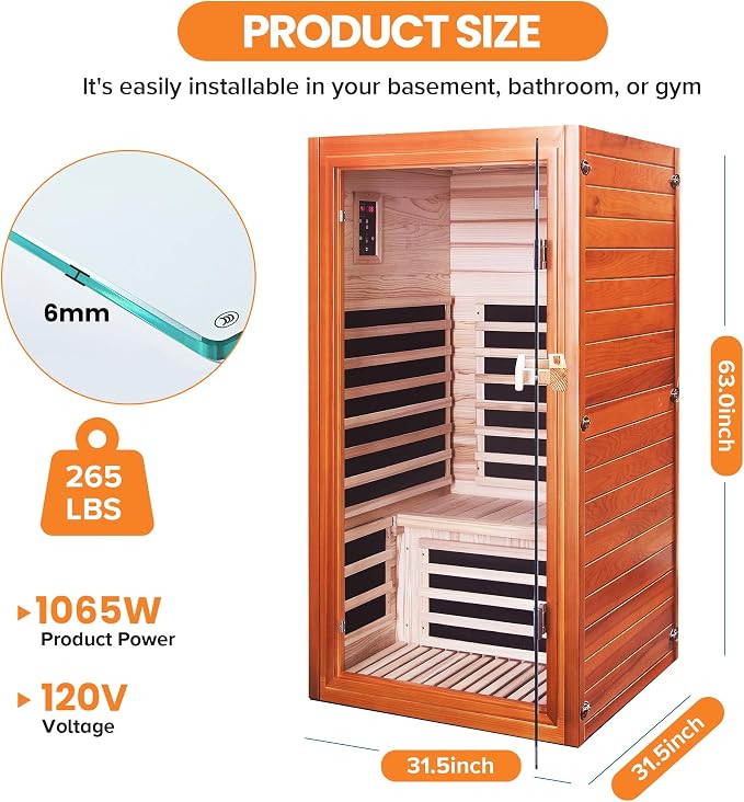 OUTEXER Far Infrared Sauna Dry Saunas 1065W Indoor Home Sauna Low EMF 110V with Control Panel 7 Color Light 31.5"x31.5"x63"