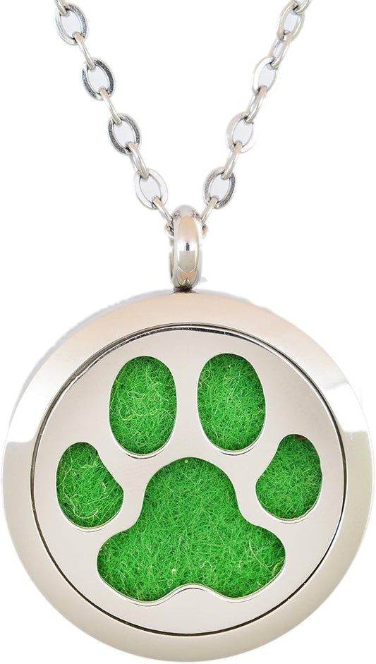 Aromatherapy Essential Oil Diffuser Stainless Steel 30MM Silver Magnetic Locket Pendant with Chain Necklace and Colored Refill Pads & Diffuser Bracelet All in a Velvet Bag (Dog Paw)