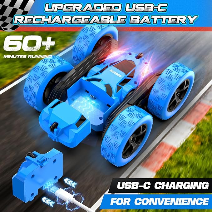 cosone Remote Control Car, RC Cars Toys for Kids Ages 6-12, 4WD Stunt Car with LED Lights & 360° Flips, 2.4GHz, Upgraded USB-C Modular Batteries, 6-10 Year Old Boys Birthday Gift - Blue