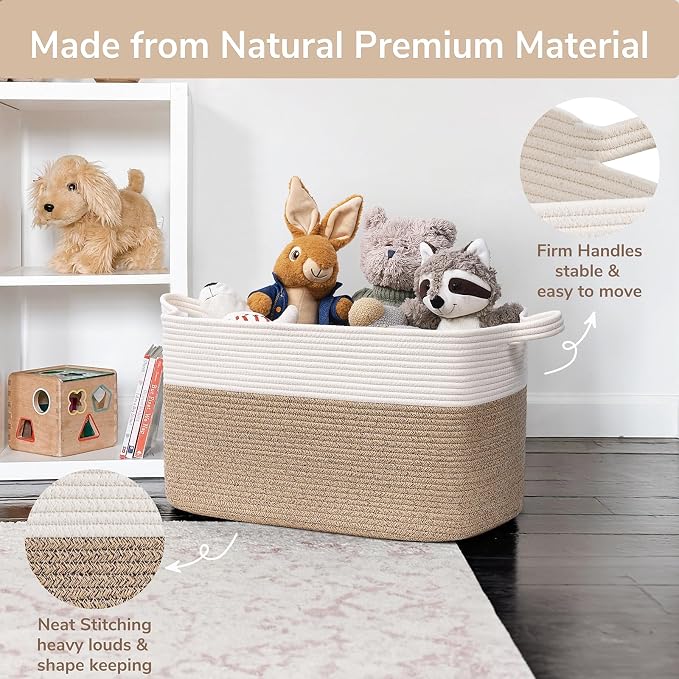 Goodpick Large Woven Rope Blanket Basket, Rectangle, White & Light Brown | 21.6" × 14.9" × 11.8" Storage Basket for Pillows & Toys Laundry, Nursery & Living Room Organization, Reinforced Handles