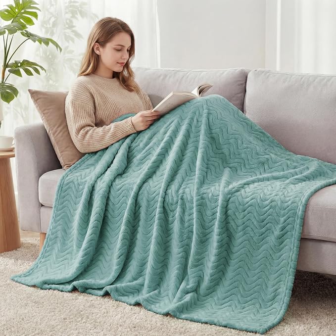 Exclusivo Mezcla Soft Fleece Blanket Queen Size for Bed, Sofa, Celadon | 90"x90" Breathable Lightweight Flannel Blanket for Summer, Plush Cozy Jacquard Wave for Home Decor