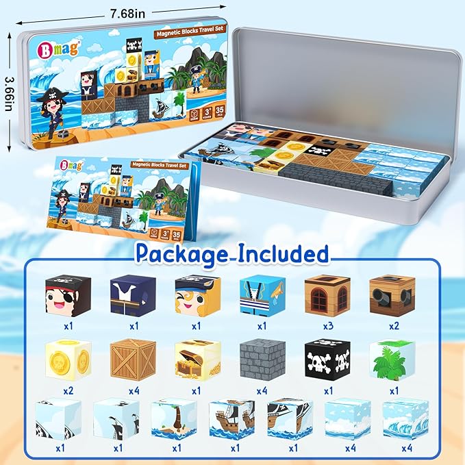 Bmag Magnetic Building Blocks Set - 35 PCS Pirate Ship, STEM Educational Magnet Toys for Kids Age 3+, Travel-Friendly with Storage Box
