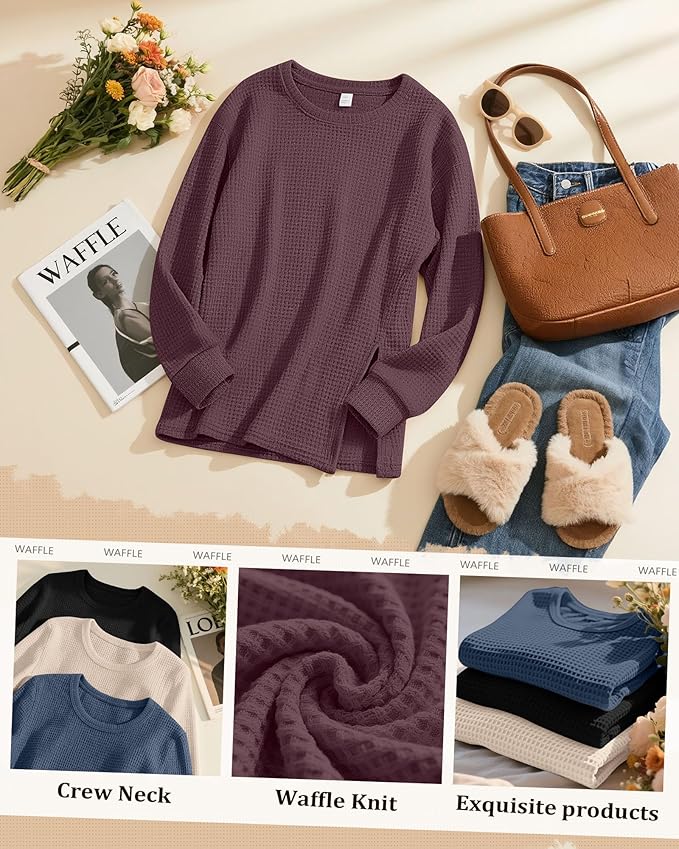 3 Pack Women's Maternity Shirts Long Sleeve Waffle Knit Side Split Oversized Tops Pregnancy Clothes Fall Tees